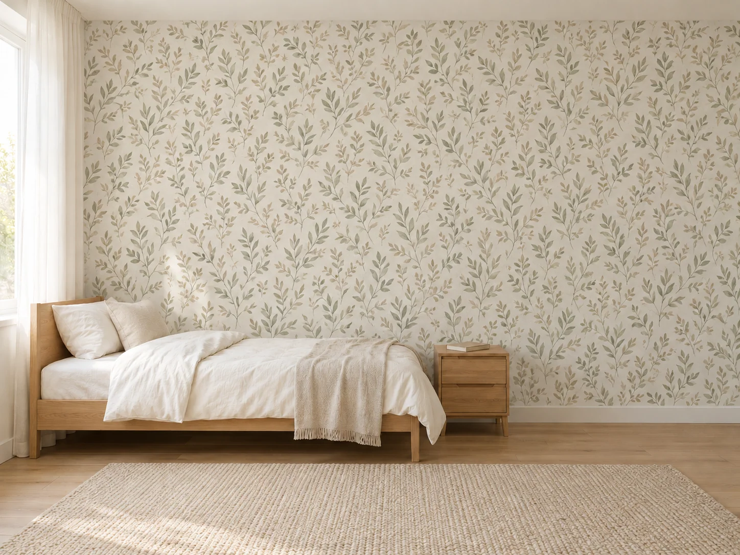 Concepto después generado con IA: dormitorio con papel tapiz botánico