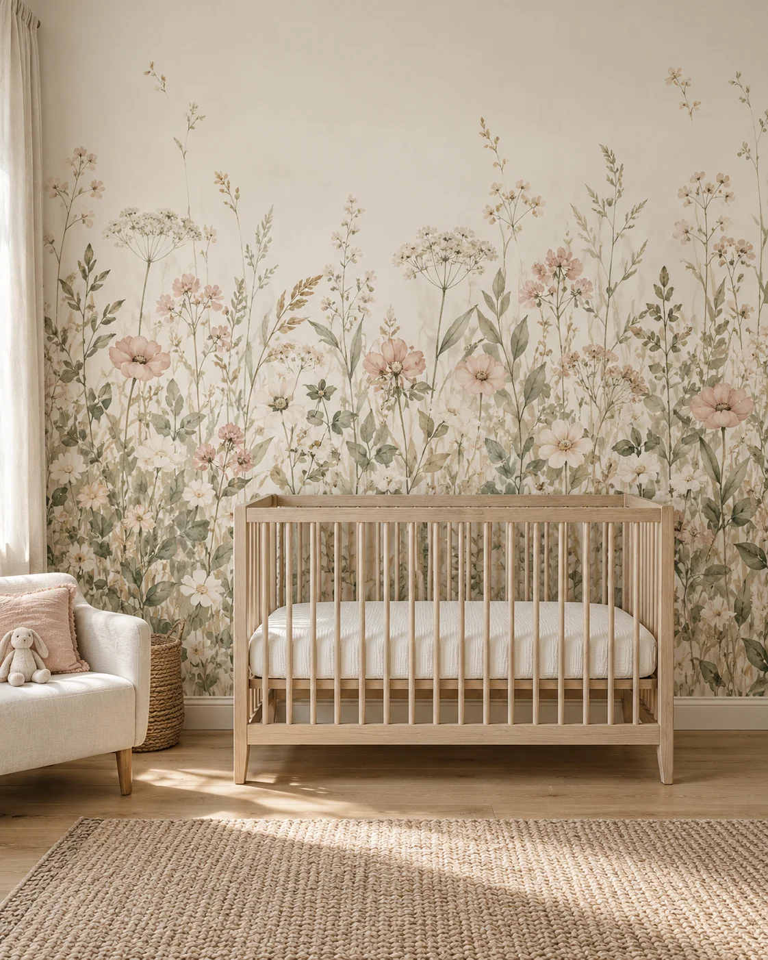 Concepto generado con IA: habitación de bebé con mural de flores silvestres